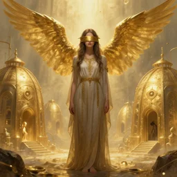 eyeless watcher, dutiful return, golden age seraph bunkers, art by Jean Delville and Aaron Douglas, high detail, cinematic, cgsociety 8k
