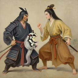 beautiful painting of a sugar glider samurai fighting a god, by sherree valentine daines, peter mohrbacher, alice neel, donato giancola, laurie greasley. trending on artstation, 8 k, masterpiece, graffiti, fine detail, full of color, intricate detail, golden ratio illustration