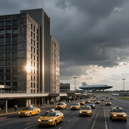 brutalist architecture, sun after a storm, ominous evening, crowded airport, taxis, cargo spaceships, crisp, intricate picture by jack vance