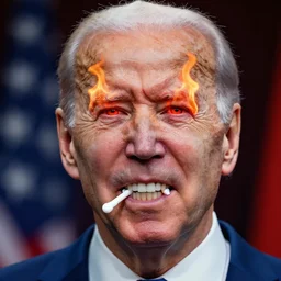 joe biden with chiclets in the place of his teeth, his eyes have flames in them, the flames are red and menacing, photorealistic, 5 0 mm,