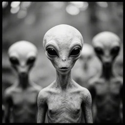 portrait of alien beings, 85mm, by Diane Arbus, black and white, bokeh, lomography