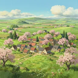 a beautiful landscape of a tiny futuristic village in the french countryside during spring season, painting by studio ghibli hd and albert bierstadt hd, nice spring afternoon lighting, smooth tiny details, soft and clear shadows, low contrast, perfect