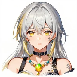 headshot art of a young vibrant anime girl with silver hair and golden hair highlights, wearing a bright necklace and with face tattoos, drawn by WLOP, by Avetetsuya Studios, anime drawing, trending on artstation