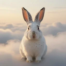“white bunny with black spots on face, staring at you in heaven, fog, volumetric lighting, golden hour, sharp focus, ultra detailed, trending on artstation,”
