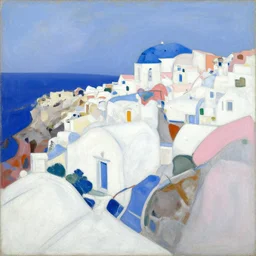 abstract landscape painting of seaside town santorini, white, blue, pink, by david bomberg, borgeaud, marius borgeaud, albert marquet, richard diebenkorn, ilse d'hollander, etel adnan