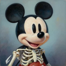 detailed acrylic oil painting showing a surreal mickey mouse skeleton