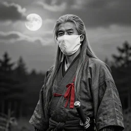 old photo of samurai standing calmly wearing a fabric mask, long gray hair, in. forrest, sky is cloudy and full moon, a red ribbon on his clothes, sword, hyperrealism, black and white, photography, trending on artstation