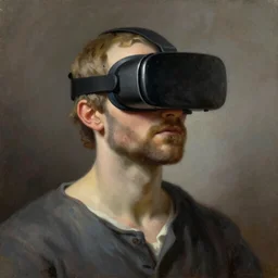 socrates wearing a virtual reality headset, oil painting