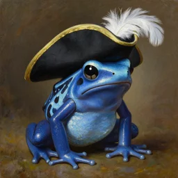 a portrait painting of a blue amazon milk frog wearing a black tricorn hat with a white feather, artstation, classical realism, detailed painting, oil on canvas