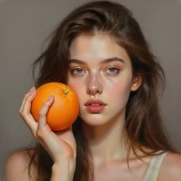 a digital painting of a woman holding an orange, a character portrait by lois van baarle, trending on zbrush central, photorealism, artstation hd, detailed painting, photorealistic