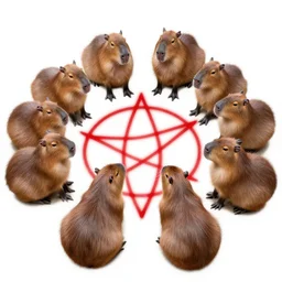 capybaras in a circle surrounding a red pentagram