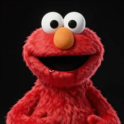 realistic elmo with bloody teeth, elmo has bloodshot eyes, black background