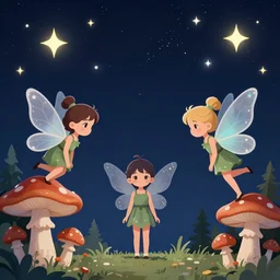 stars in the sky fairies with detailed faces enchanted forest mushrooms on the ground psychedelic wide angle shot white background vector art illustration by frank frazetta