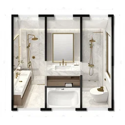 layout plans of 3 4 0 centimetres long by 4 6 0 centimetres wide modern master bathroom with a big bathtub, open shower, sink, toilet, window gold number, proportions, symmetrical, award - winning, designer, architect, engineer, technical