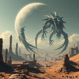 the anatomy of a celestial cosmic lovecraftian horror monster by bruce brenneise and peter mohrbacher and h r giger, ancient ruins in background, large exoplanet in the sky, alien planet with craters and large structures, 3 d render, neosurrealism. digital concept art, pixel art, rendered in octane, trending on cgsociety, trending on artstation