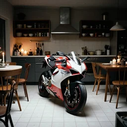 a huge ducati panigale standing in cluttered cozy kitchen, darkroom, candles, chairs and tables, white tile on the floor, overexposed, by paolo pellegrin, by trent parke, prize winning photo, cinematic
