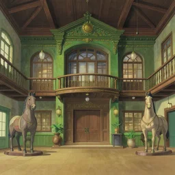 main hall with horse statues, green and brown decorations by studio ghibli painting