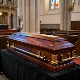 A funeral photo with a RGB coffin in a church