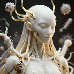 hyper detailed ultra sharp portrait of a beautiful well contoured porcelain ivory smooth fair cyborg cthulhu, up close shot, sharp focus, global illumination, radiant light, biomechanical golden rhizomorphs, cyberpunk brackets, laser cut paper microbes, alexandre ferra white mecha, irakli nadar, alexander mcqueen, octane highly render, 4 k, ultra hd