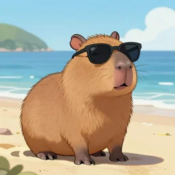 capibara wearing sunglasses on the beach, cartoon