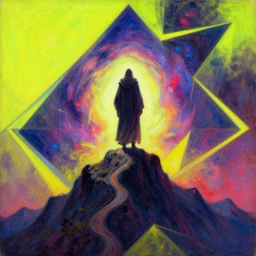 A robed wanderer stands atop the final summit at the end of time as witness to the final fleeting moments of the universe. A highly detailed surreal oil painting on neon geometric canvas of the last wizard and the doom of spacetime.