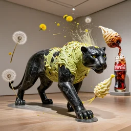 panther sculpture created by a mixture of pistachio ice cream, black marble, dandelions and coca cola being thrown around by centrifugal forces, brilliant museum sculpture, award winning photo, 4k
