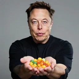 Elon Musk looks into the camera and offers jellybeans, which he holds in the palm of his hand.