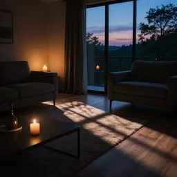 very dark living room, candlelight, dusk, shadows
