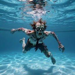 highly detailed full body portrait of a zombie swimming underwater in a zombie - apocalypse, in a swimming pool, by peter mohrbacher, octane render