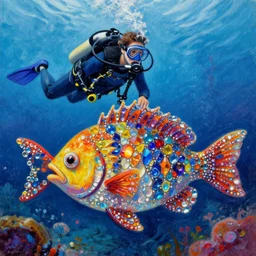 a scuba diver discovering a prehistoric fish made of shining gems, rich vivid colors, vibrant, oil pastel painting, highly detailed, award winning