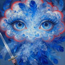 a painting of abstractionism eyes curling blue light who made of curly and transparent feathers and cloud with red edges is holding a sword, a digital painting by charlie bowater, made of many translucent layers of blue feathers and cloud, metaphysical painting, dehumanism, digital painting, holographic undertones, highly saturated colors, 4 k, glossy eyes, concept art, trending on artstation