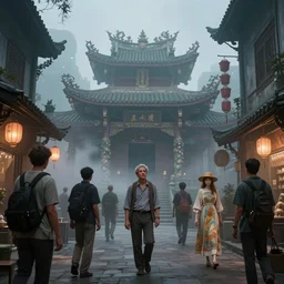 a street with kek lok si temple in the background, misty evening, fantasy art, highly detailed matte painting, low angle view, telephoto lens 2 0 0 mm, by stanley artgerm lau, greg rutkowski, thomas kinkade, alphonse mucha, loish, norman rockwell, artstation
