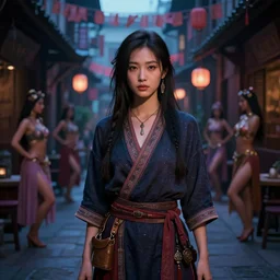 portrait of tavern bard gemma chan narrow dark streets with exotic dancers, vaporwave aesthetics, 8 k uhd, unreal engine, octane render in the artstyle of finnian macmanus, john park and greg rutkowski