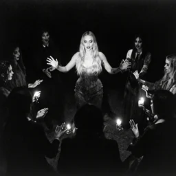 old photo of a cult in circle summoning Margot Robbie, creepy, dark, black and white, photo imperfections, grainy