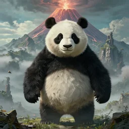 highly detailed elden ring portrait photo of a massive panda. a massive volcano lifts off in the background in a scenic dystopian environment, hyperrealistic illustration by yoji shinkawa and frank frazetta and moebius