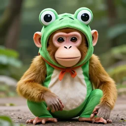 photo realistic monkey wearing a frog costume