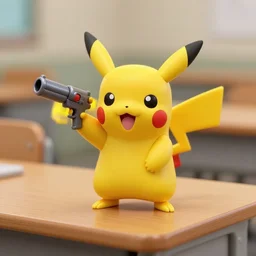 plastic figure of pikachu holding a gun and standing on a wooden desk, 33mm, high res photo