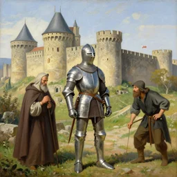 Oil Painting, Medieval Knight and Monk and Farmer and Thief outside the walls of Carcassonne
