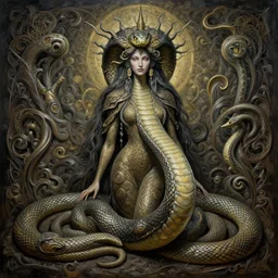 an hiper intricate oil portrait of a beautifull snake godess, excelent composition, wide shot, by zdzislaw beksinski, intricate, unreal engine 5 highly rendered, global illumination