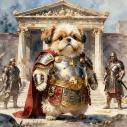 a realistic and atmospheric watercolour fantasy character concept art portrait of a fat adorable chibi shih tzu roman centurion in a roman temple, by rebecca guay, michael kaluta, charles vess and jean moebius giraud