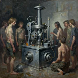 painting of odd nerdrum of a strange machine surrounded by human