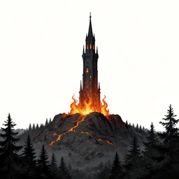 a dark tower on fire upon a hill surrounded by a dark forest , high fantasy, drawn by Kentaro Miura, Tarot card, tarot card the tower