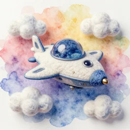 a watercolor art of spaceship with wool felting clouds illustration by nico delort, colorful background, 4 k resolution, high detailed, matte painting, tarot card style, spaceship design