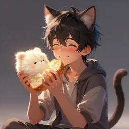 character portrait of a blushing emo boy with cat ears and tail smiling at bread, fluffy, medium shot, concept art, global illumination, tankoban, 4 k, fantasy painting, hyper detailed, pixar animation, studio light, award winning, by artgerm, sylvain sarrailh, rossdraws, wlop, beautiful!.