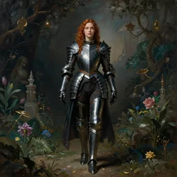 woman in dark princess dragon armor, walking on the mystical garden, portrait. by william henry hunt