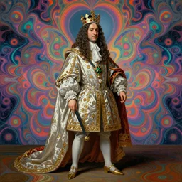 beautiful oil painting, full length portrait of Louis xiv in coronation robes 1701, Dan Mumford, Dan Mumford, Alex grey, Alex grey, highly detailed , lsd visuals, dmt fractal patterns, hallucinogen, visionary art, psychedelic art, ornate, vaporwave, baroque