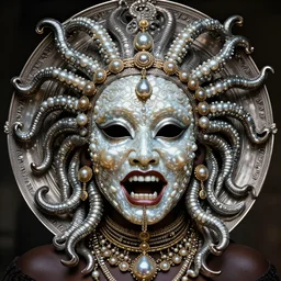 hyperrealism, detailed textures, award winning autochrome african colonial 1 9 0 5 photo, symetrical africanpearl old screaming medusa queen autochrome pearl portrait, pearl silverplate, intricate, detailed facial pearl scary animal mask, pearl, golden jewelery, silverplate, ultra realistic, cinematic, intricate, cinematic light by steve mccurry, unreal engine 8 k