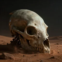 eldritch animal alien skull in a dessert in mars, cinematic lighting, octane tender, volumetric light, dark - art