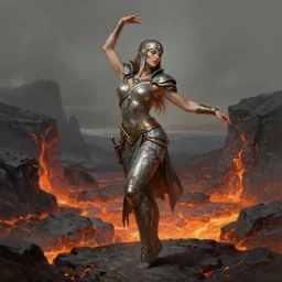 a full body portrait of a beautiful post apocalyptic offworld nordic bounty hunter dancing reposed by the magma pits, intricate, elegant, highly detailed, digital painting, artstation, concept art, smooth, sharp focus, illustration, art by krenz cushart and artem demura and alphonse mucha