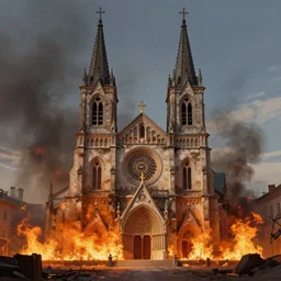 ultra realistic illustration, a church on fire, highly detailed, digital painting, artstation, concept art, smooth, sharp focus, illustration, art by artgerm and greg rutkowski and alphonse mucha